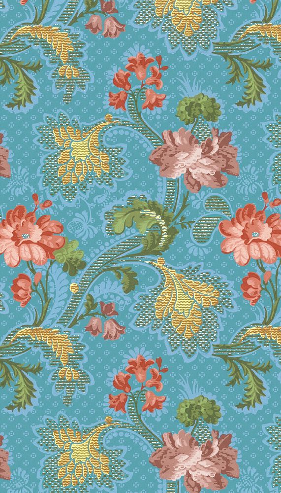 Vintage floral pattern phone wallpaper, blue background. Remixed by rawpixel.