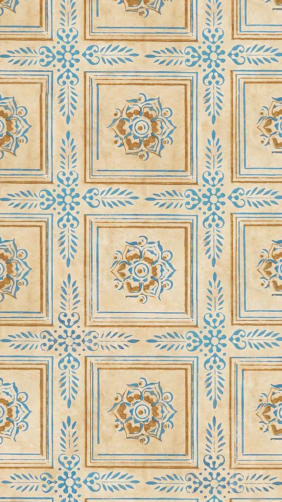 Vintage tile pattern iPhone wallpaper, flower design. Remixed by rawpixel.