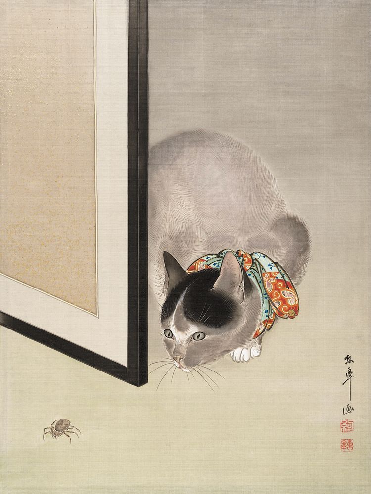 Cat Watching a Spider (1888&ndash;1892) illustration by Oide Tōkō. Original public domain image from The MET Museum.…
