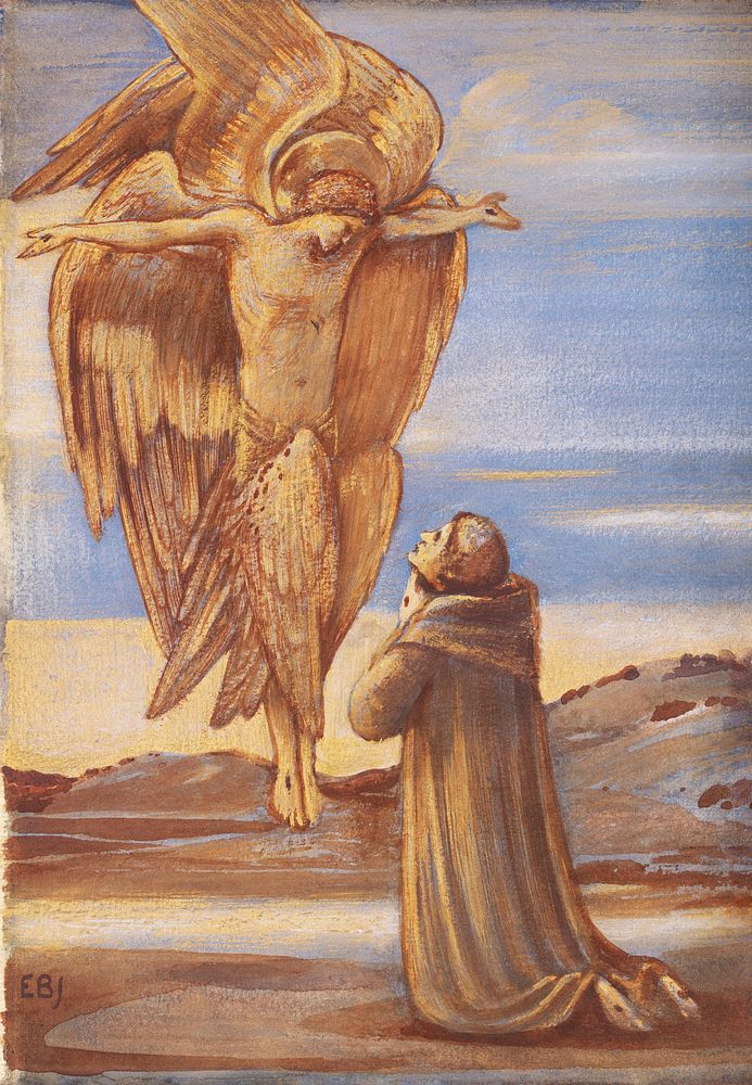 St. Francis Receiving the Stigmata (1887) angel illustration by Sir Edward Coley Burne-Jones. Original public domain image…