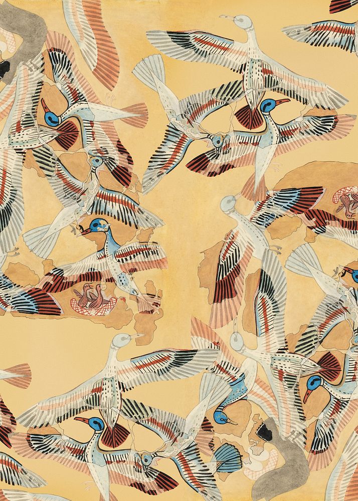 Egyptian flying ducks background, animal patterned design by William J. Palmer-Jones.  Remixed by rawpixel.