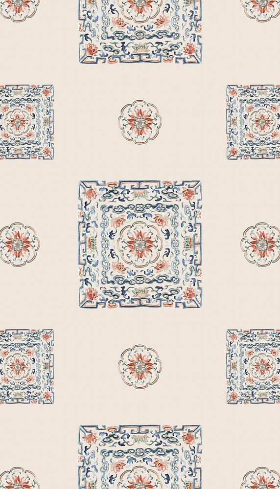Vintage flower panel iPhone wallpaper, Chinese patterned design.  Remixed by rawpixel.
