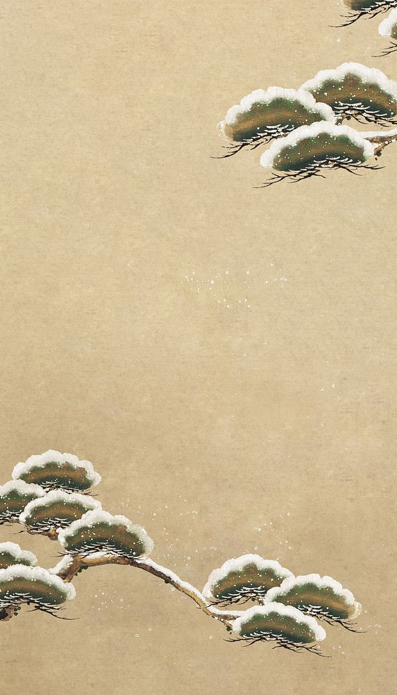 Snow-laden Pine Boughs iPhone wallpaper, Japanese tree illustration by Ogata Kenzan.  Remixed by rawpixel.