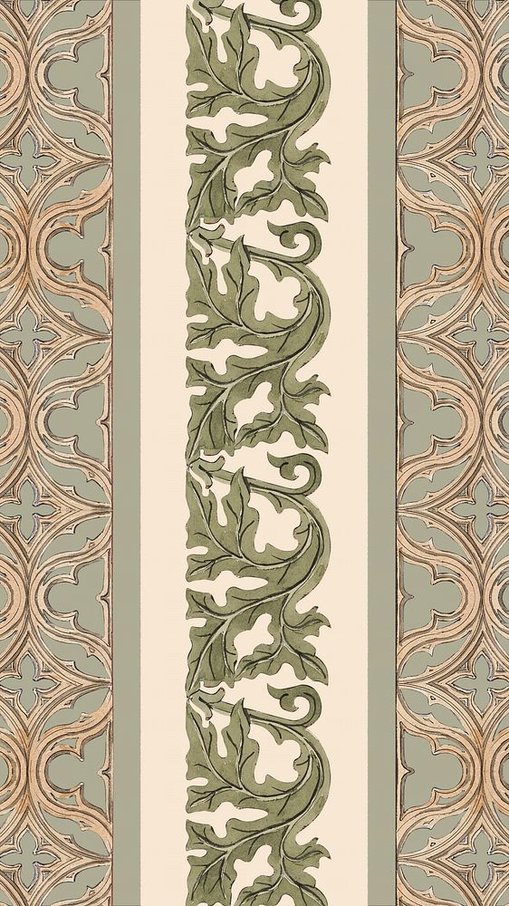 Ornamental leaf patterned iPhone wallpaper, vintage botanical illustration.  Remixed by rawpixel.