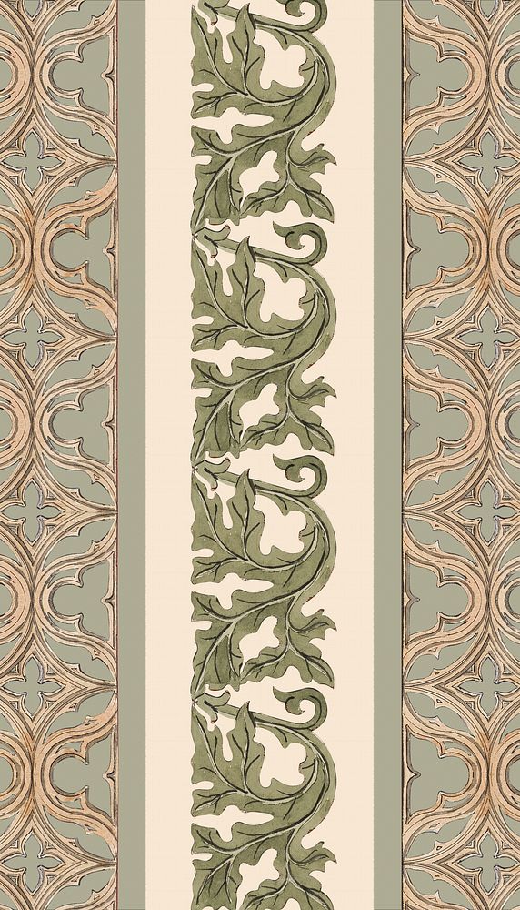 Ornamental leaf patterned iPhone wallpaper, vintage botanical illustration.  Remixed by rawpixel.
