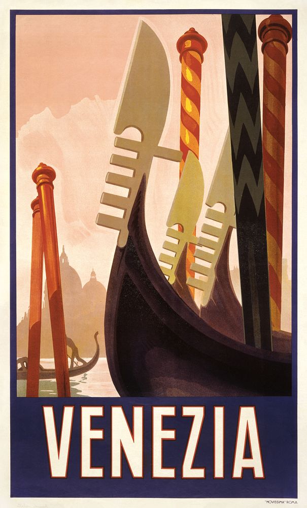 Venezia (1920) poster of gondolas on a canal in Venice. Original public domain image from the Library of Congress. Digitally…
