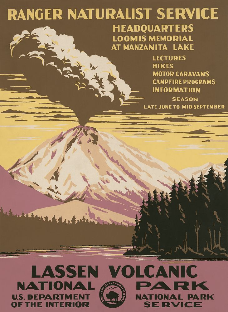 Lassen Volcanic National Park, Ranger Naturalist Service (1938) erupting volcano poster by C. Don Powell. Original public…