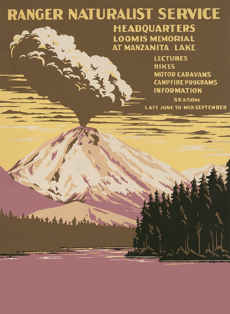 Lassen Volcanic National Park, Ranger Naturalist Service (1938) erupting volcano poster by C. Don Powell. Original public…