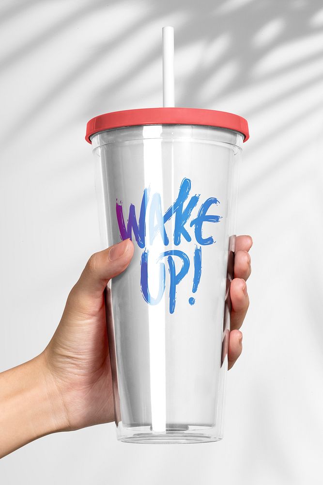 Plastic tumbler product mockup psd with WAKE UP quote