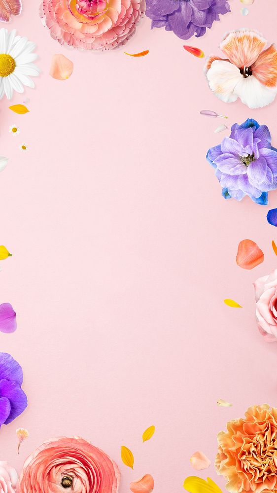 Spring flower frame phone wallpaper, pink background