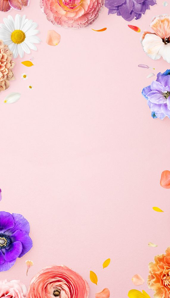 Spring flower frame phone wallpaper, pink background