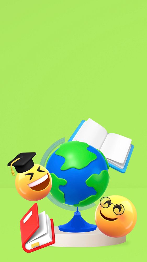 3D education emoticons iPhone wallpaper, green background