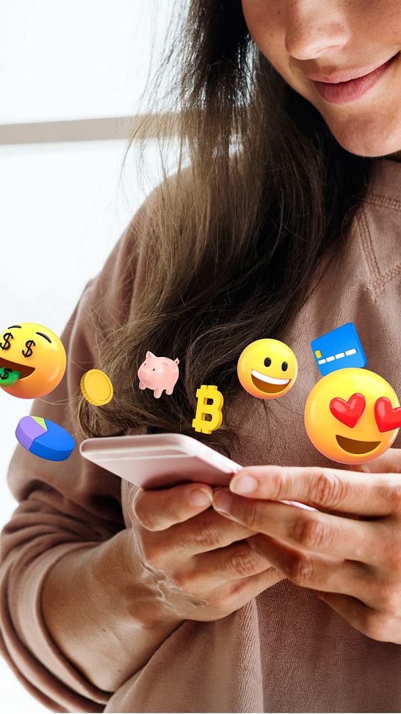3D shopping emoticons iPhone wallpaper, woman using phone remix