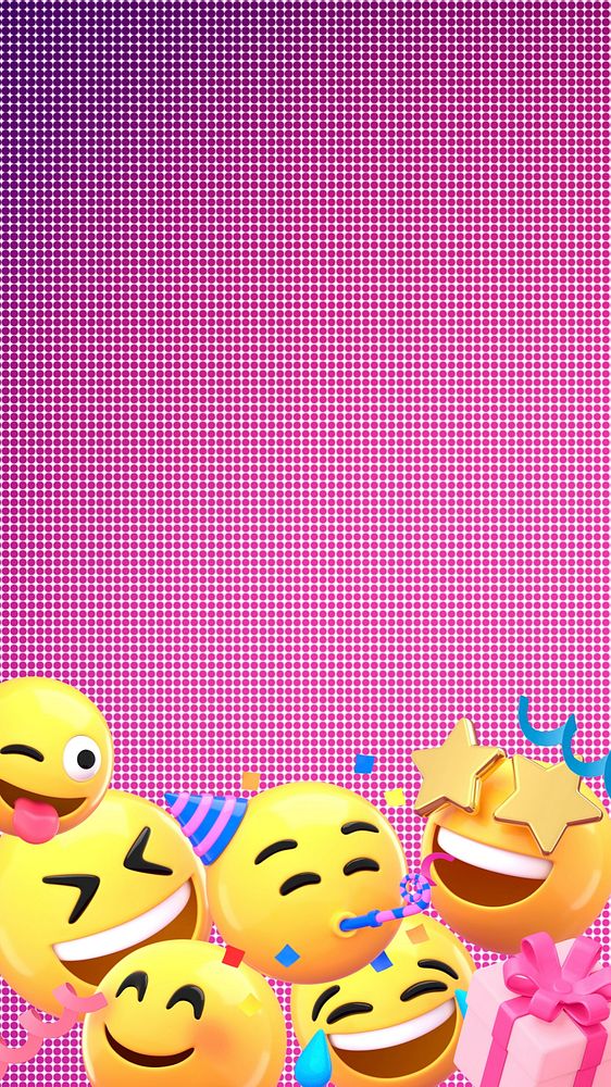 Pink grid phone wallpaper, 3D party emoticons border background