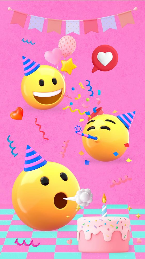 Birthday party emoticon iPhone wallpaper, 3D colorful background