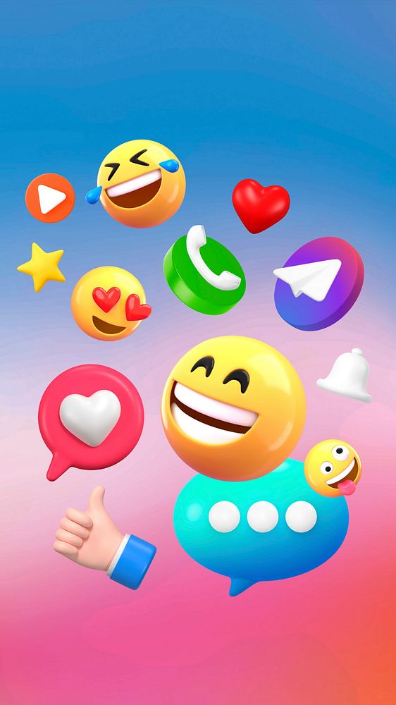 Social media emoticons iPhone wallpaper, colorful 3D rendering graphics