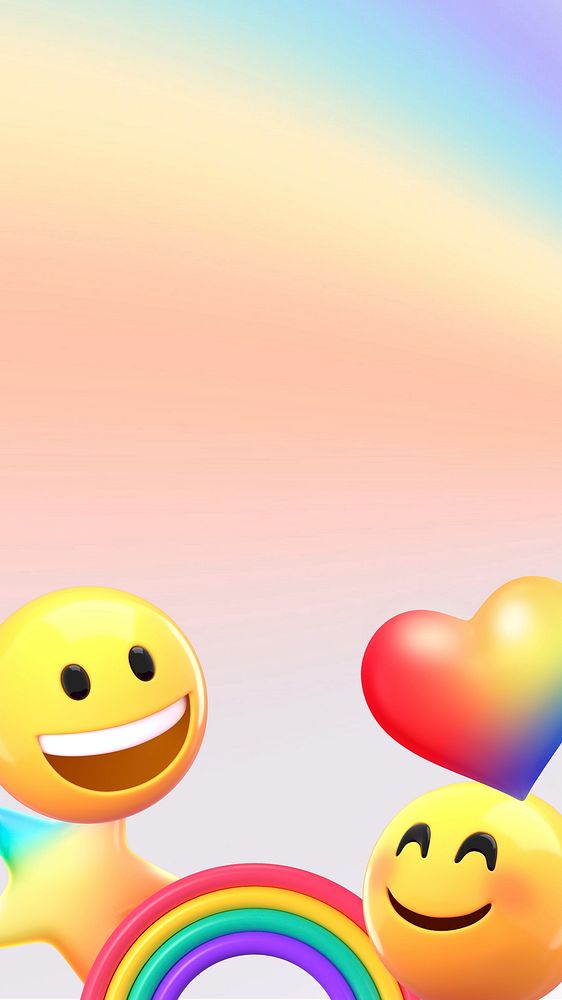 Aesthetic gradient holographic iPhone wallpaper, 3D emoticons border background