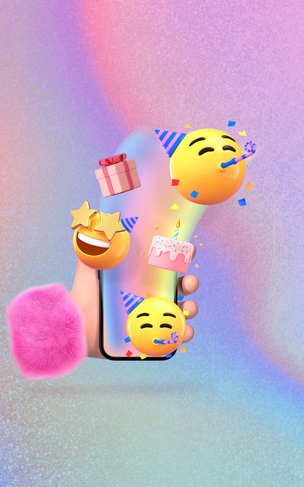 Birthday party emoticons background, holography aesthetic design