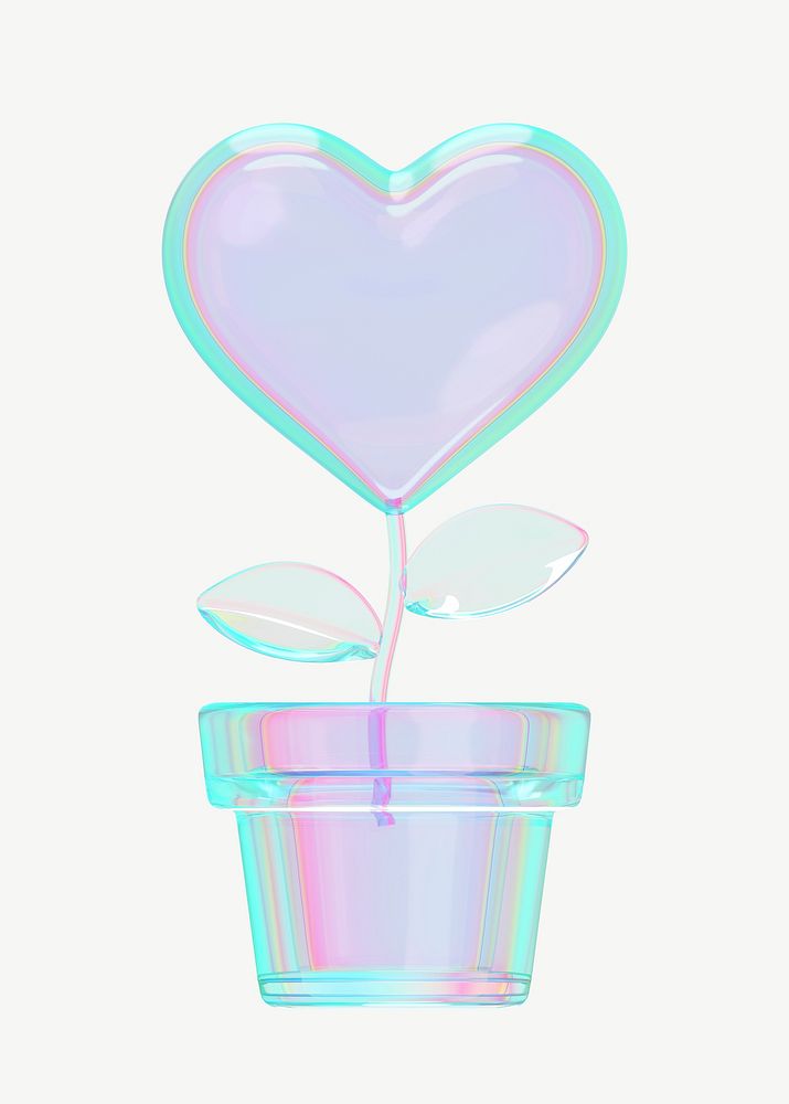 Iridescent heart plant, 3D Valentine's collage element psd