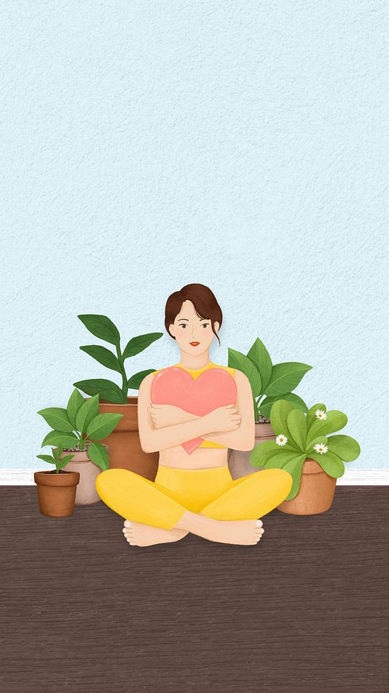 Woman plant lover iPhone wallpaper, hobby illustration