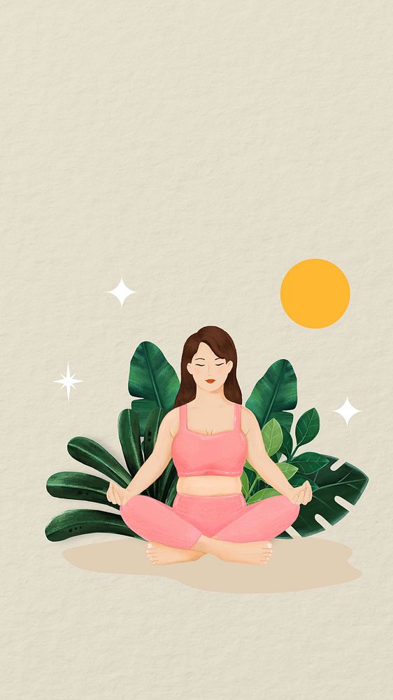 Meditating woman iPhone wallpaper, wellness character illustration