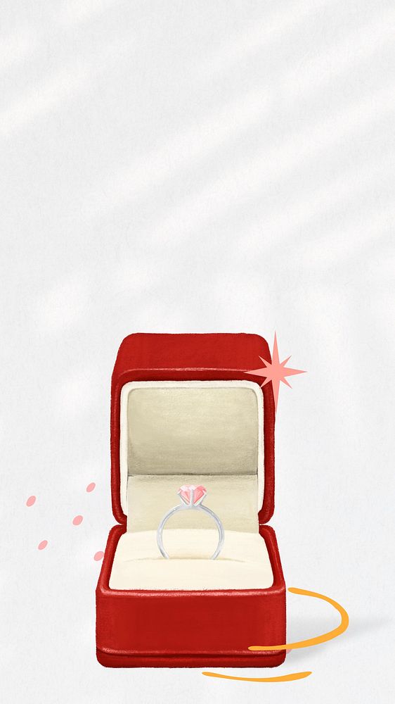 Wedding diamond ring iPhone wallpaper, red velvet box illustration