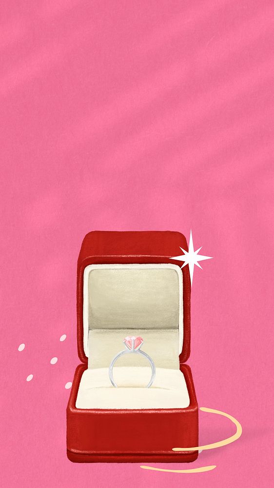 Wedding diamond ring iPhone wallpaper, red velvet box illustration