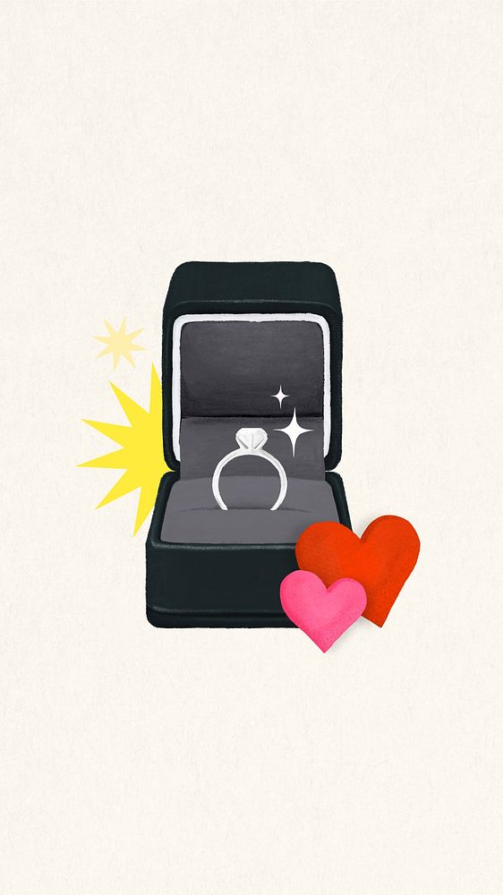 Wedding diamond ring iPhone wallpaper, black velvet box illustration