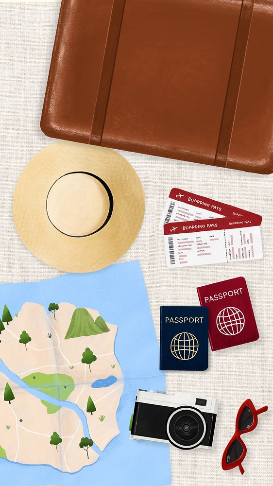 Travel aesthetic mobile wallpaper, luggage, passport and map illustration