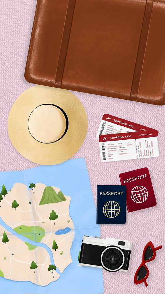 Travel aesthetic mobile wallpaper, luggage, passport and map illustration