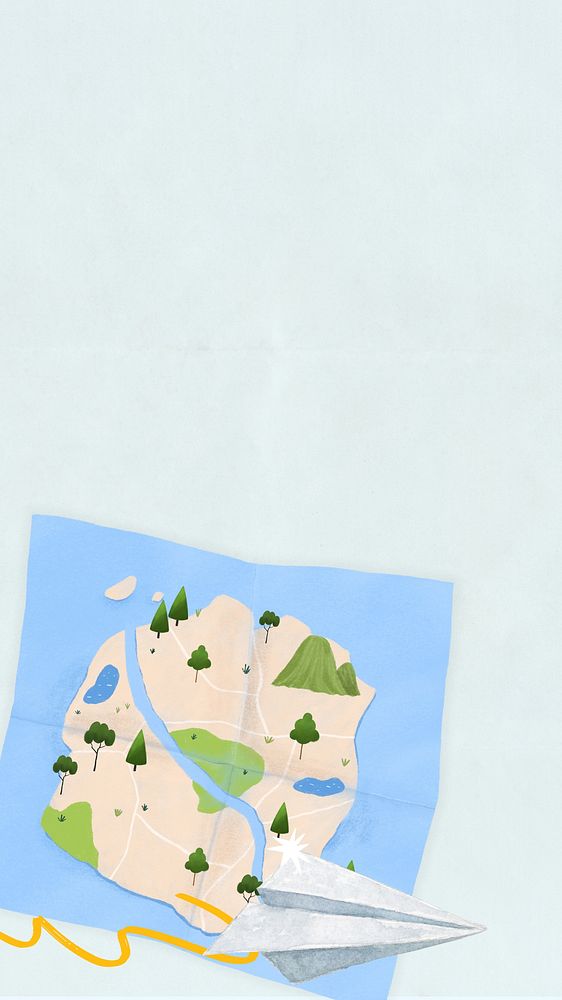 Travel map iPhone wallpaper, paper plane illustration