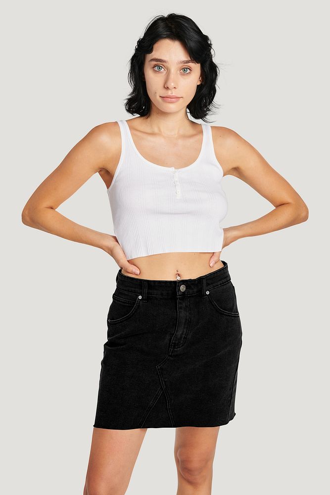 Women's white crop tank top and a black skirt mockup 