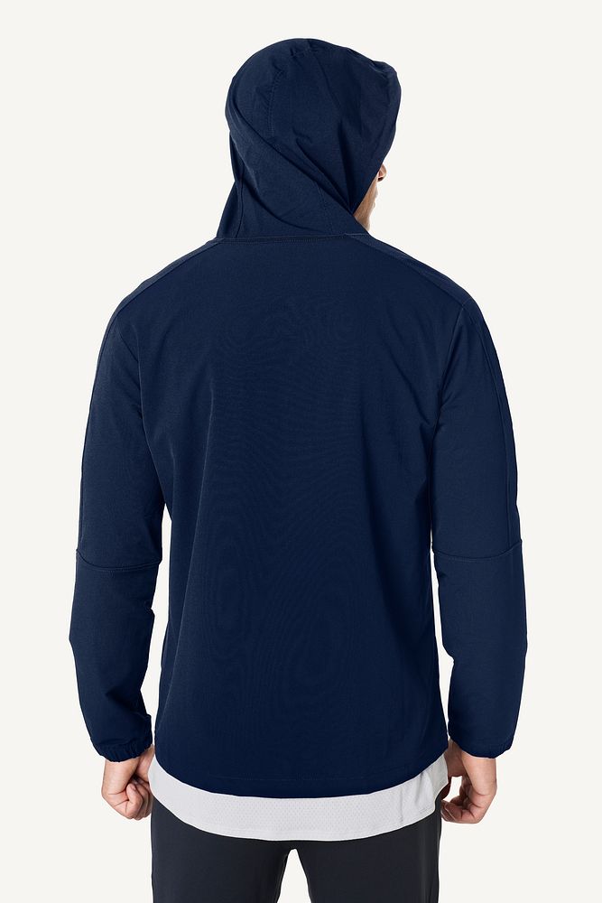 Man wearing navy blue hoodie over a t-shirt