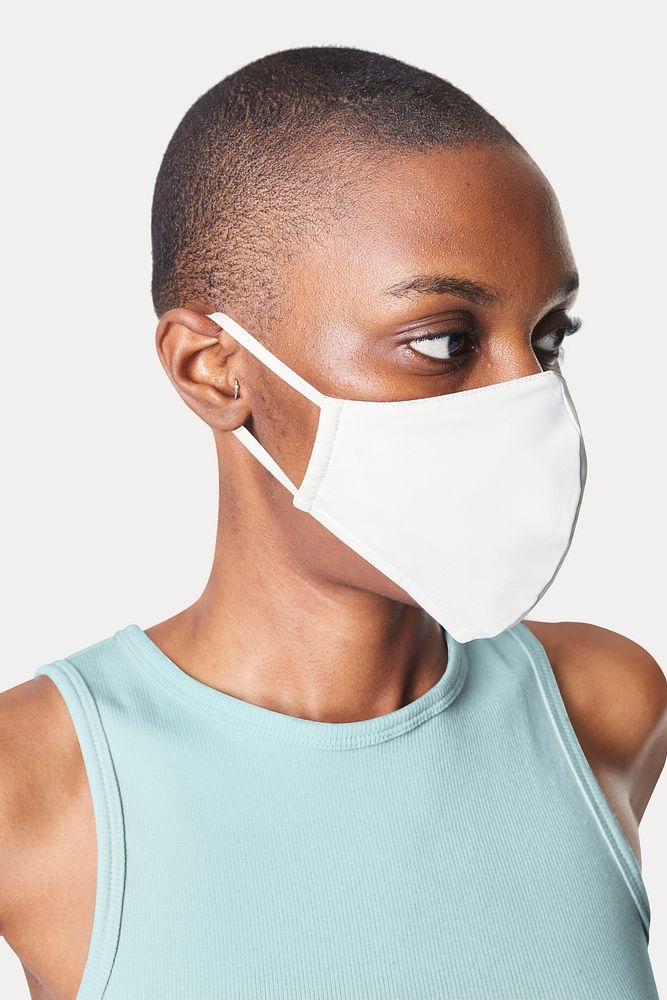 Woman in face mask mockup and blue top