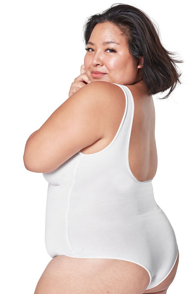 Body positivity psd white swimsuit mockup happy plus size model posing