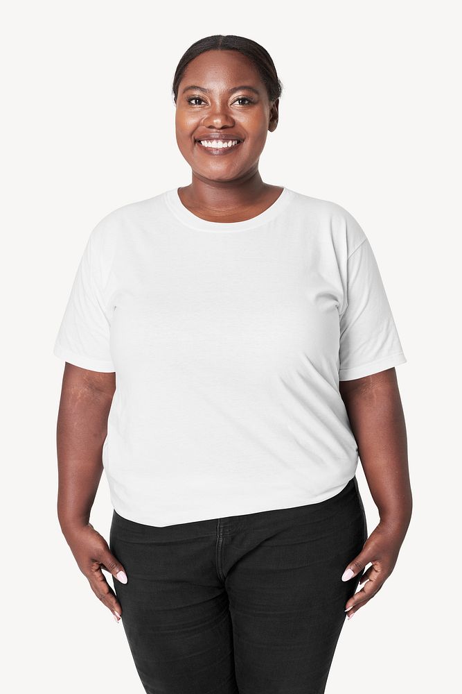 Women's white t-shirt and jeans plus size fashion mockup psd studio shot