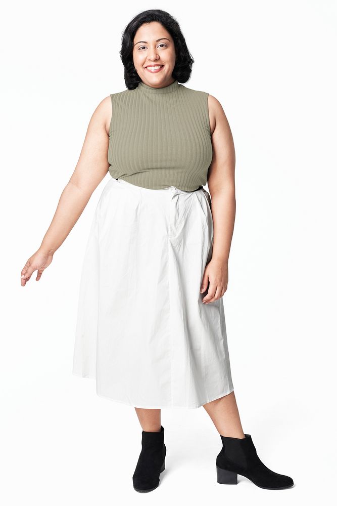 Green top and white skirt psd plus size apparel mockup shoot