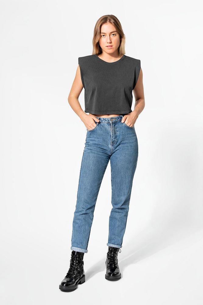 Woman png mockup in black cropped tank top and jeans street fashion