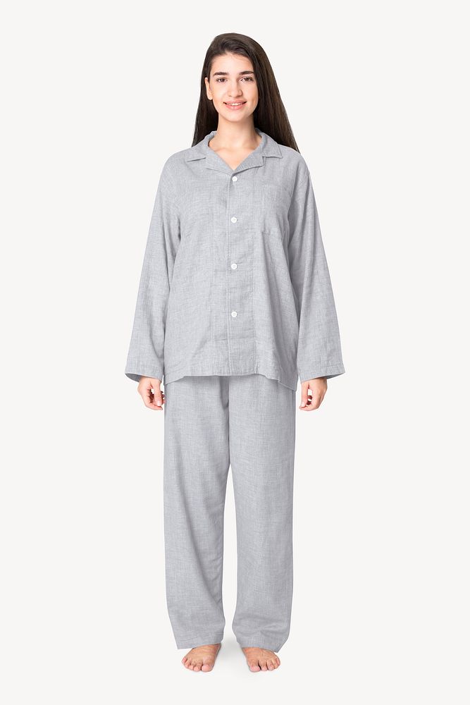 Woman mockup psd in gray pajamas comfy sleepwear apparel full body