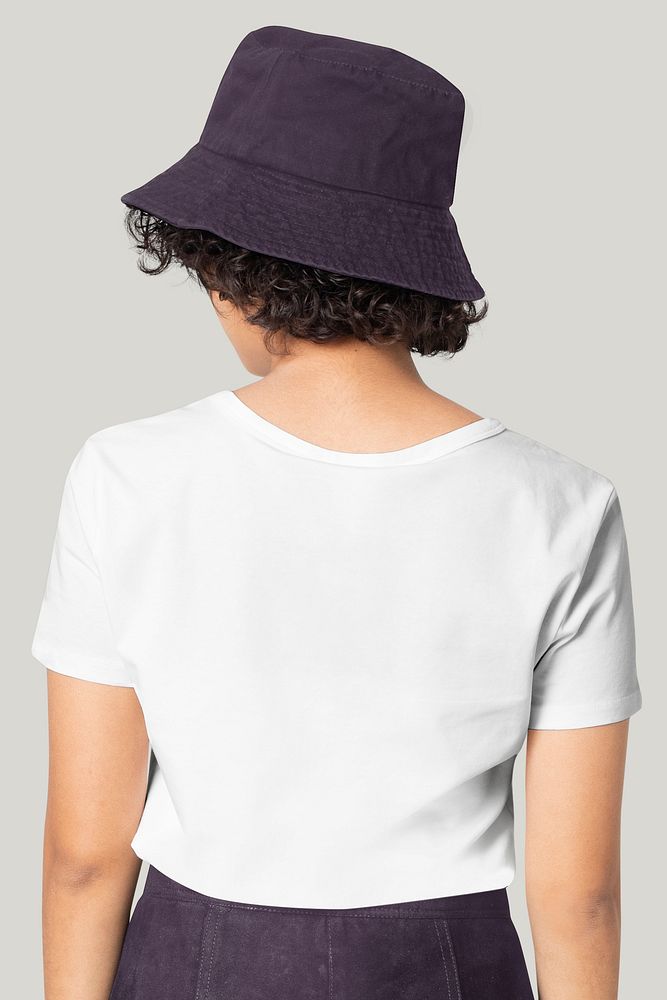 T-shirt psd mockup with bucket hat women&rsquo;s casual apparel rear view