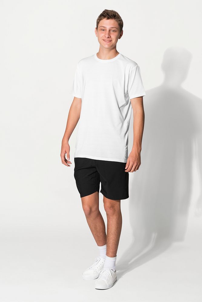 White tee mockup psd for boys basic teen&rsquo;s apparel studio shoot