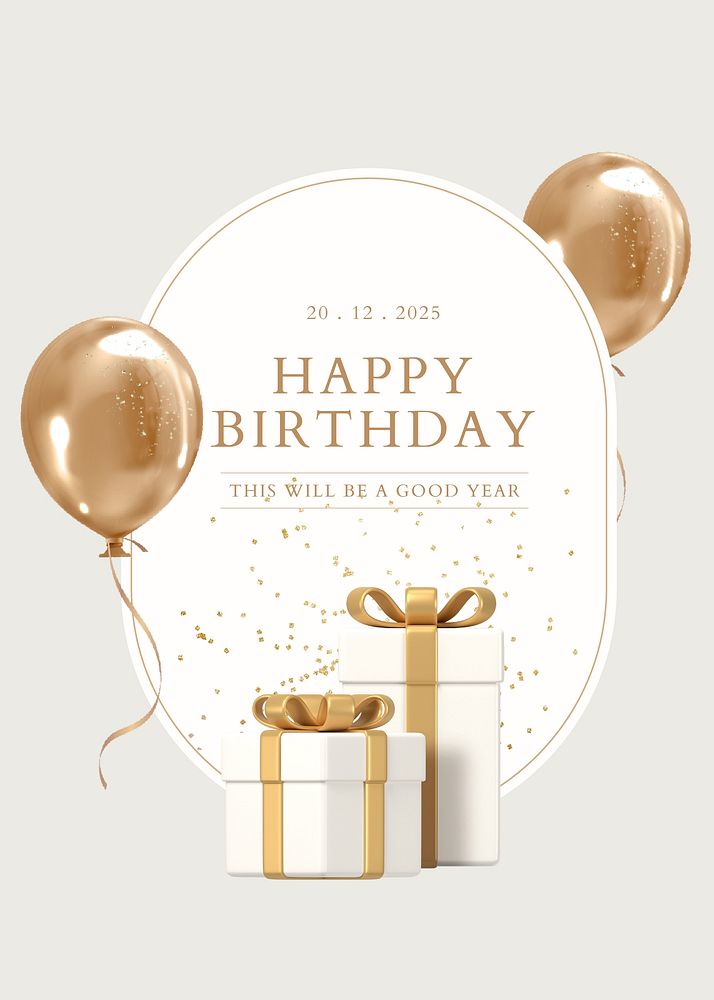 Gold birthday poster template, 3D rendering aesthetic vector