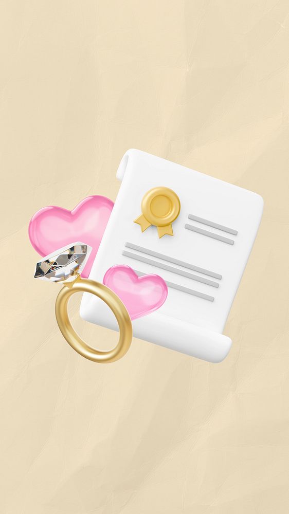Marriage certificate iPhone wallpaper, diamond ring, 3D wedding remix