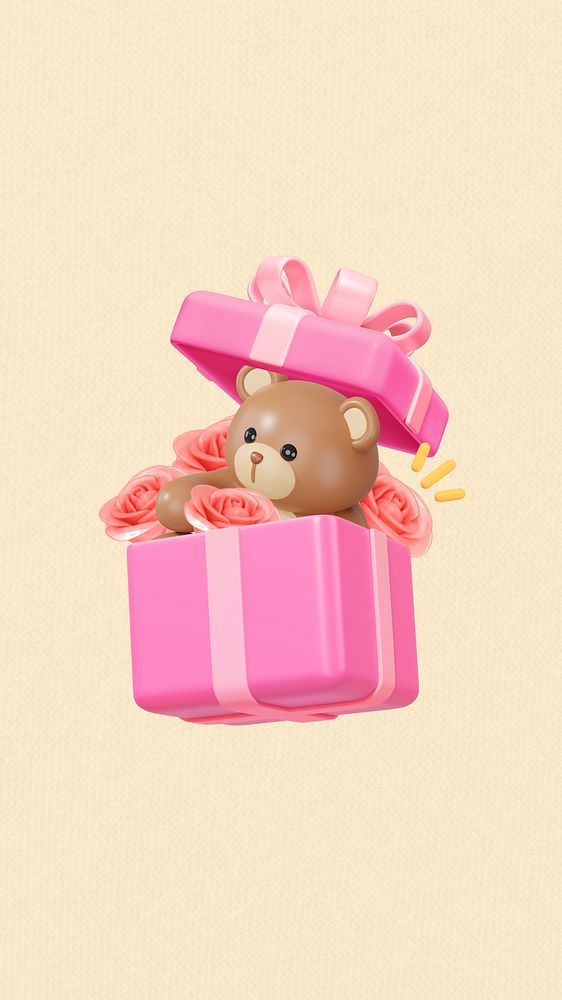 Valentine's teddy bear iPhone wallpaper, 3D gift box remix