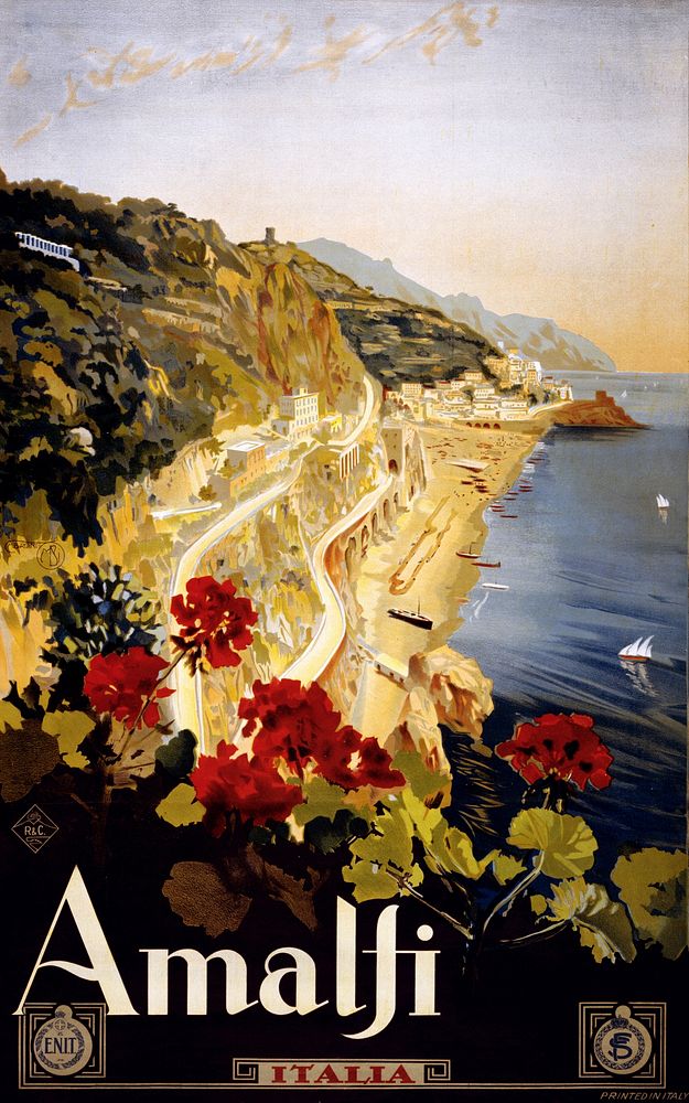 Amalfi. Travel poster by Mario Borgoni shows Amalfi coastline with geraniums in foreground.