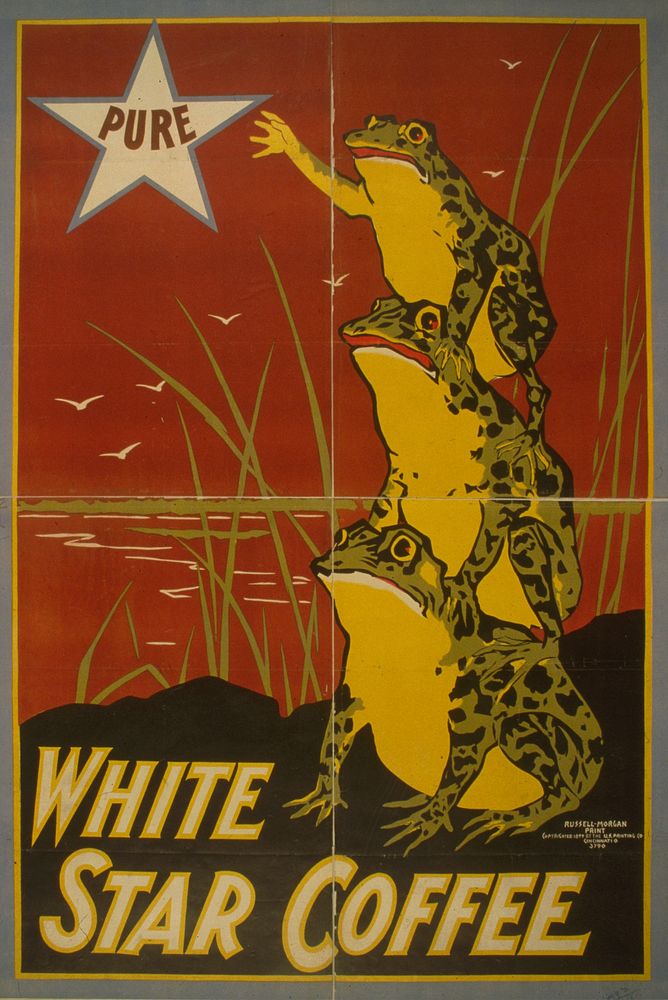 Advertising poster for "White Star Coffee" showing three frogs, each standing on the back of another, with the topmost frog…