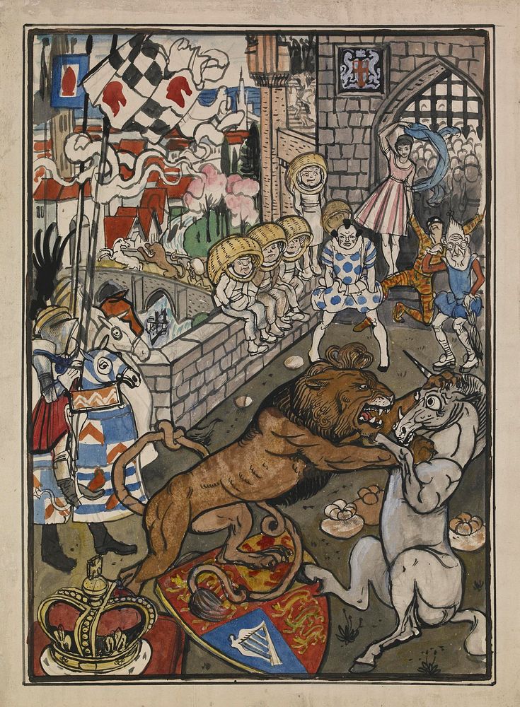 The Merrie Heart, 1870; lion and unicorn fighting within castle walls at r, a shield and crown at left, onlookers beyond…