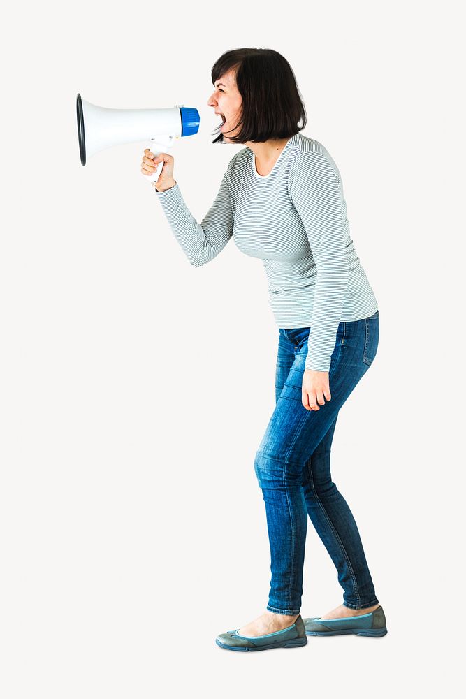 Woman using megaphone isolated image on white