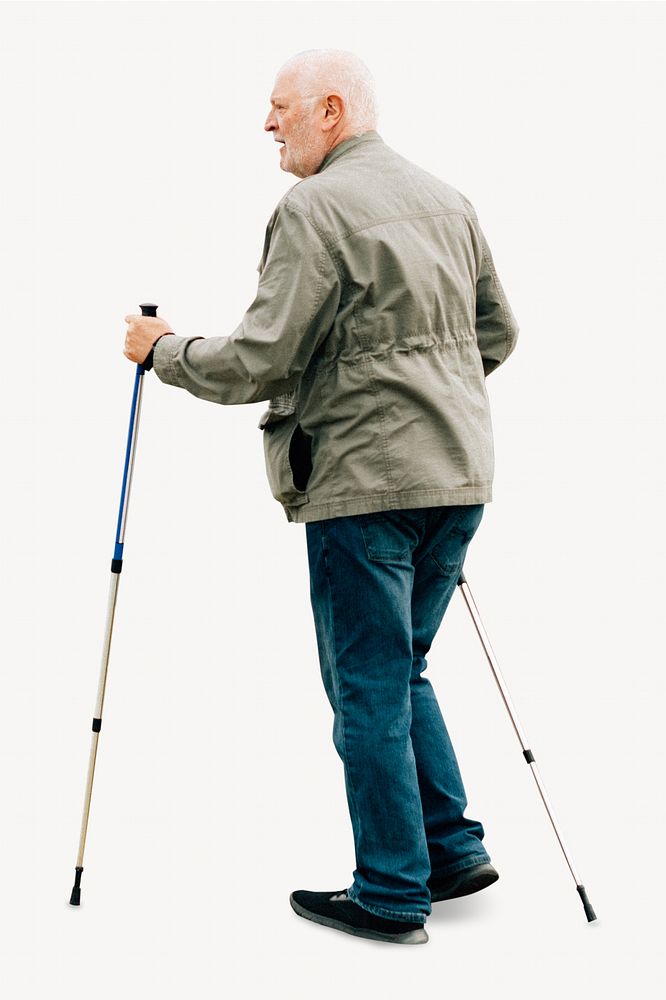 Senior man trekking isolated image on white