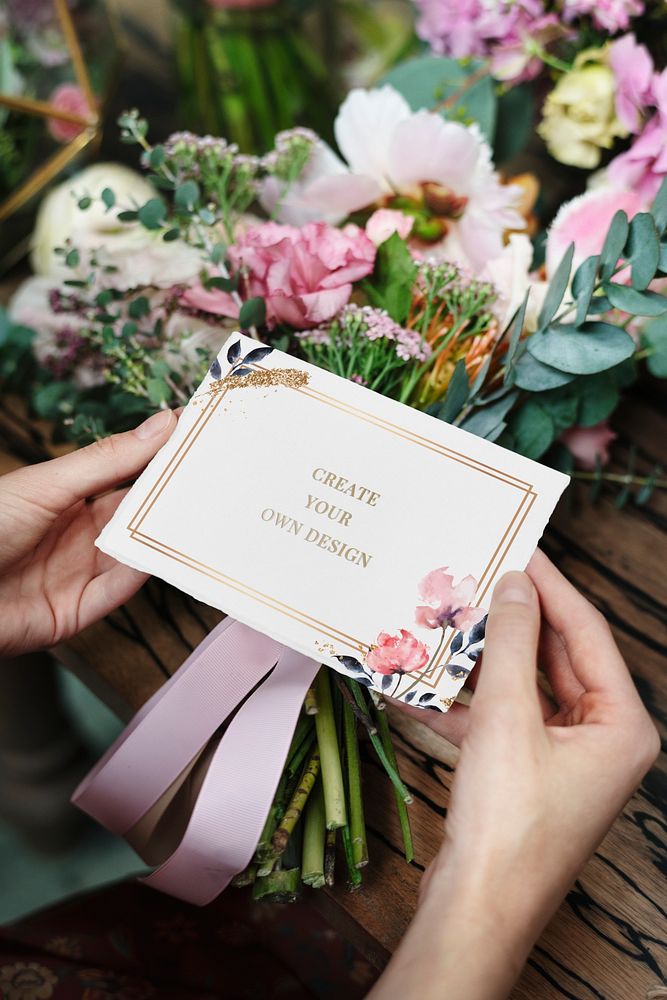 Woman with a bouquet and a floral frame card mockup